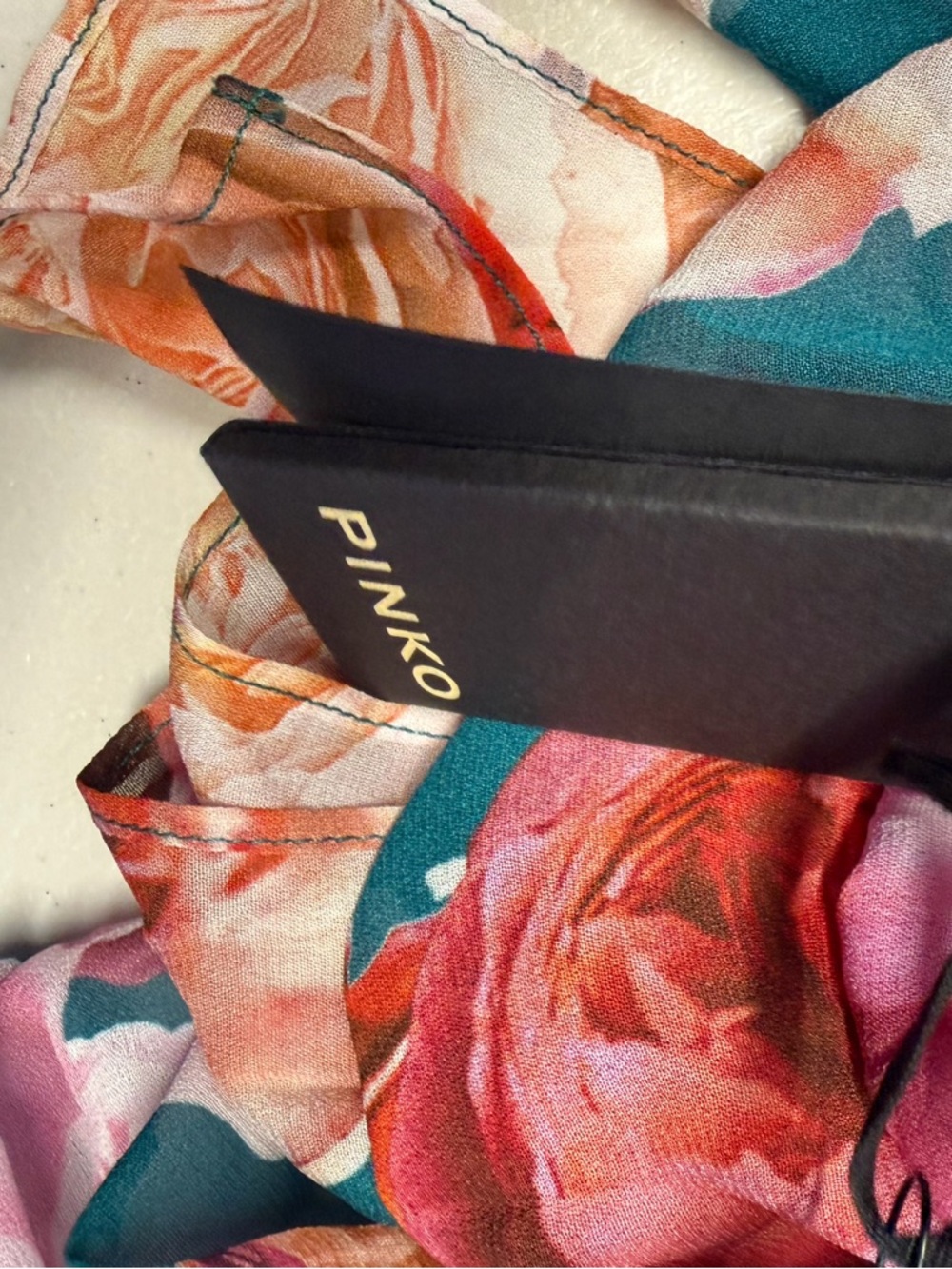 NWT Pinko Teal Floral Wrap Blouse with Pink & Peach Roses - Picture 9 of 9
